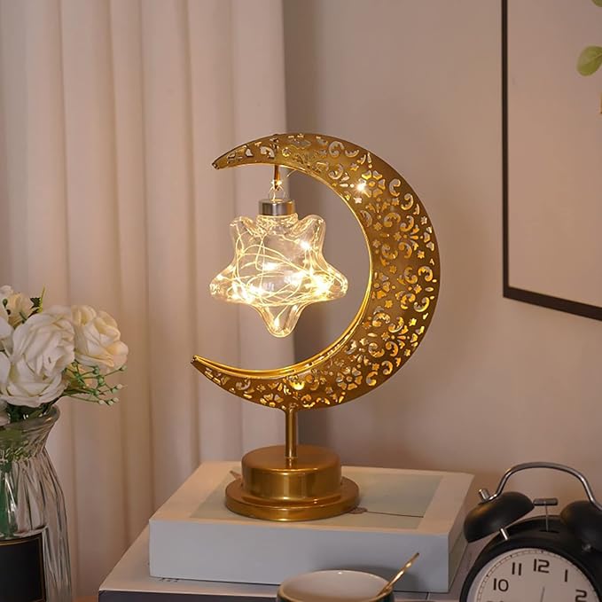 LED Moon Lamp Romantic Iron Desk Lamp Ambient Lighting Night Light Lamps for Nightstand Aesthetic Bedside Lamps Night Stand Lamp Mood Lighting Home Bedroom Decor Cute Stuff (Without Batteries) (Gold)
