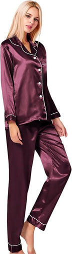 SWOMOG Womens Silk Satin Pajamas Set Long Sleeve Button Down Sleepwear 2 Piece Lounge Set Pj Set XS-3XL