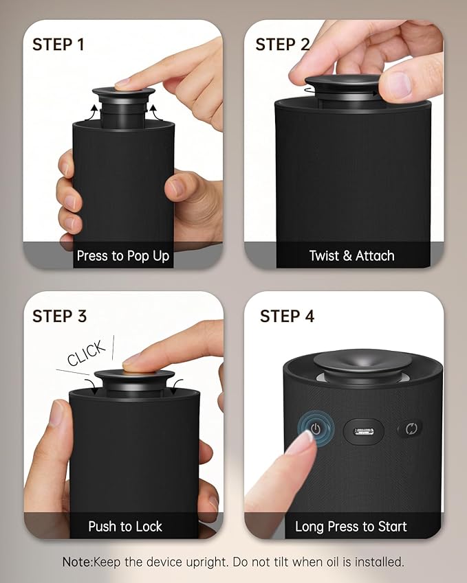 Waterless Essential Oil Diffuser,Portable Car Diffuser Rechargeable-Cordless Scent Air Machine with Fabric Design,Adjustable Mist & Ambient Light for Home, Office,Travel(Black)