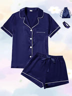 WJing Yi Jia 4Pcs Womens Satin Silky Pajama Sets Short Sleeve Shirt XS-4XL Floral Pajamas Set Soft PJ Loungewear Sleepwear