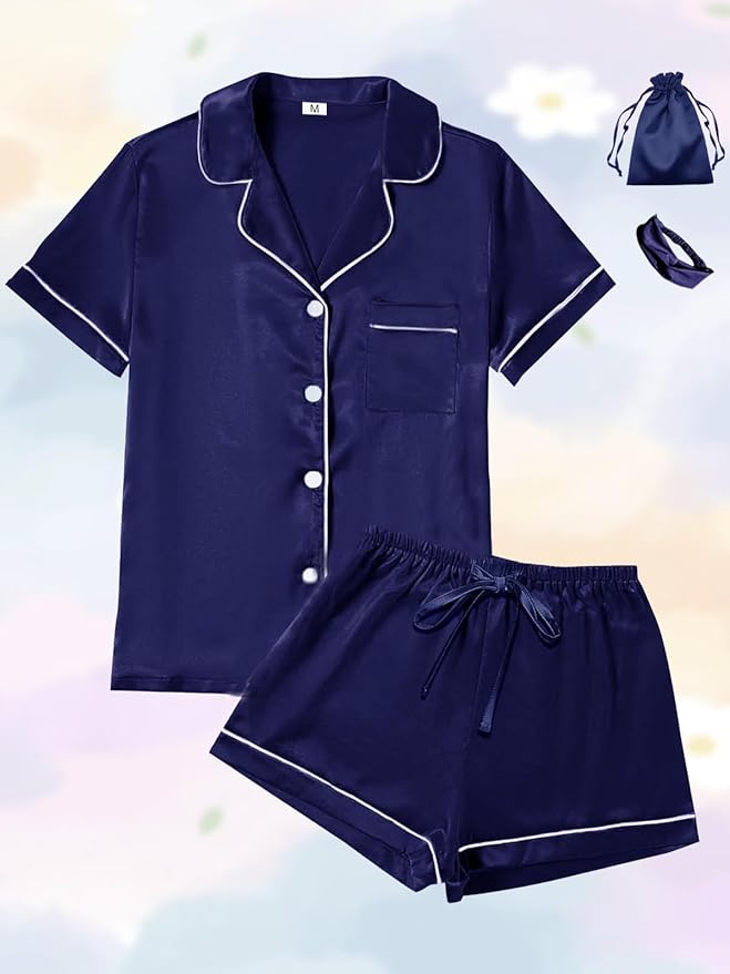 WJing Yi Jia 4Pcs Womens Satin Silky Pajama Sets Short Sleeve Shirt XS-4XL Floral Pajamas Set Soft PJ Loungewear Sleepwear