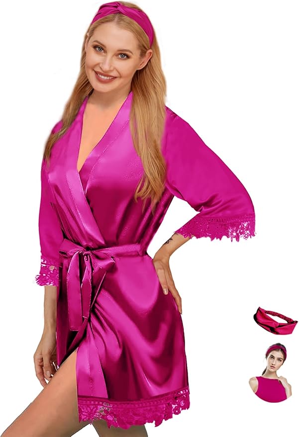 Silk Robes for Womens 2Pcs Satin Robe Kimonos Bridesmaid Bride Lace Bathrobes Sleepwear Bridal Silky Loungewear Wedding Robes