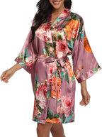 Floral Silk Robes for Women Kimono Satin Short Bath Robe Bridal Dressing Gown Bride Bridesmaids Lightweight Bathrobes