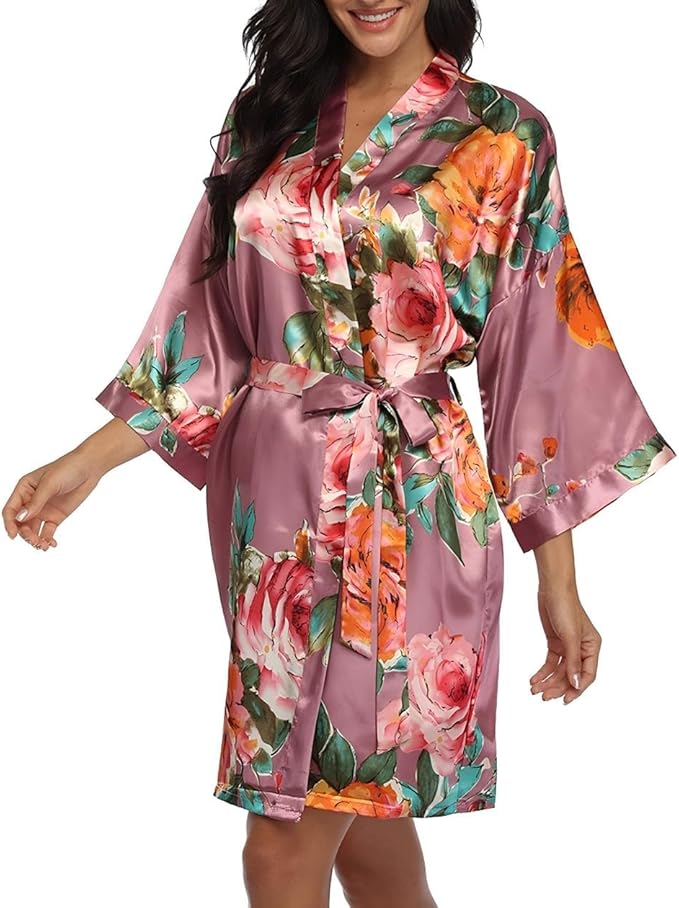 Floral Silk Robes for Women Kimono Satin Short Bath Robe Bridal Dressing Gown Bride Bridesmaids Lightweight Bathrobes