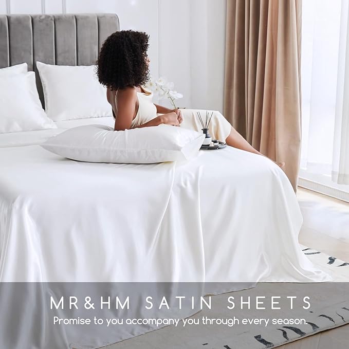 MR&HM Satin Bed Sheets, Full Size Sheets Set, 6 Pcs Silky Bedding Set with 15 Inches Deep Pocket for Mattress (Full, White)