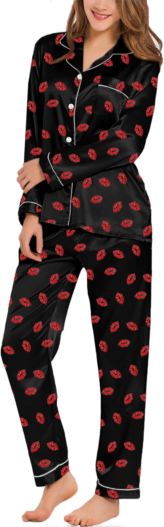 SWOMOG Womens Silk Satin Pajamas Set Long Sleeve Button Down Sleepwear 2 Piece Lounge Set Pj Set XS-3XL