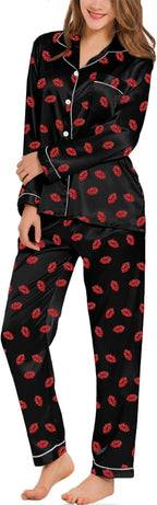 SWOMOG Womens Silk Satin Pajamas Set Long Sleeve Button Down Sleepwear 2 Piece Lounge Set Pj Set XS-3XL