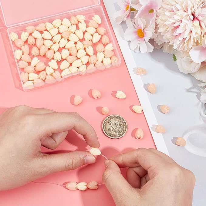 100pcs 9x11mm Flower Shape Beads Light Pink Flower Beads Artificial Synthetic Coral Peach Color and Creamy White Spring Flowers Loose Spacer Jasmine Bead for Jewelry Making Necklace Bracelet