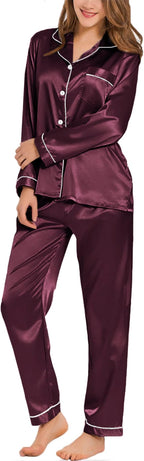 SWOMOG Womens Silk Satin Pajamas Set Long Sleeve Button Down Sleepwear 2 Piece Lounge Set Pj Set XS-3XL
