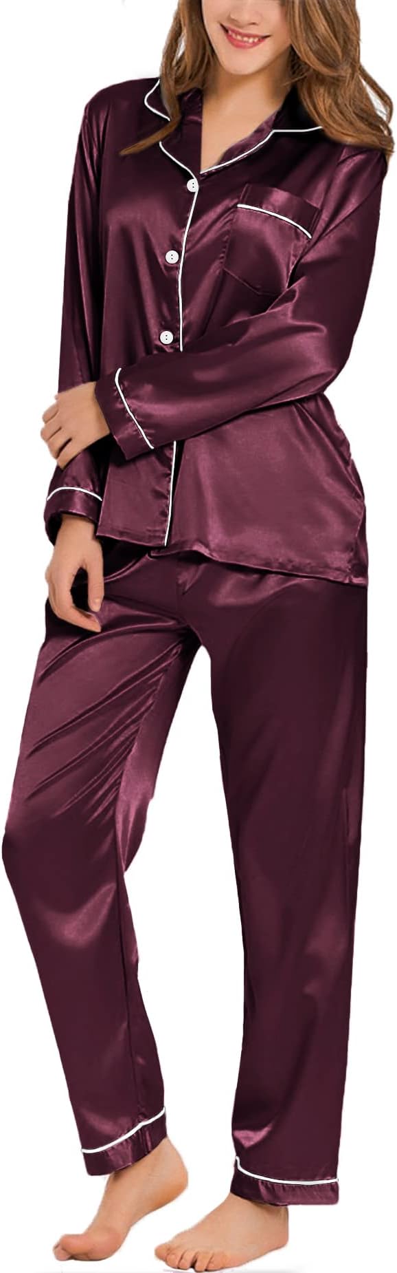 SWOMOG Womens Silk Satin Pajamas Set Long Sleeve Button Down Sleepwear 2 Piece Lounge Set Pj Set XS-3XL