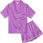 QPANCY Kids Satin Pajamas Sets Baby Boy Girl Button-Down Silk Sleepwear 2 Piece Short Sleeve Loungewear Clothes Set