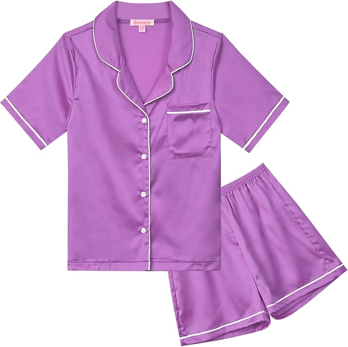 QPANCY Kids Satin Pajamas Sets Baby Boy Girl Button-Down Silk Sleepwear 2 Piece Short Sleeve Loungewear Clothes Set