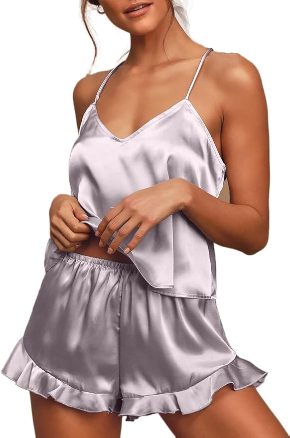 CHYRII Women's Sexy Silk Satin Ruffled Pajamas Sets Cami Shorts Sets Sleepwear