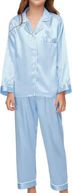 EPLAZA Kids Satin Pajamas Sets Girls Boys Button-Down Silky Pajamas Sleepwear with Hairband Eye Mask Hair Tie