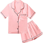 QPANCY Kids Satin Pajamas Sets Baby Boy Girl Button-Down Silk Sleepwear 2 Piece Short Sleeve Loungewear Clothes Set