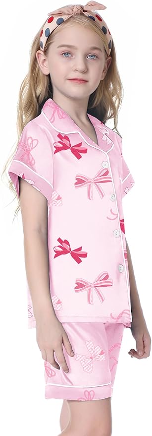 Umeyda Women & Girls Pajamas Set, Soft Satin Lightweight Silk Button-Down Top with Shorts 2 Piece PJS for Mom Boys Kids Gifts
