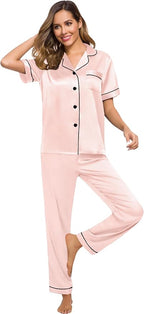 SWOMOG Women Satin Pajamas Set Short Sleeve Top & Pants Sleepwear Silky Button Down Nightwear 2pcs Loungewear Pjs Set