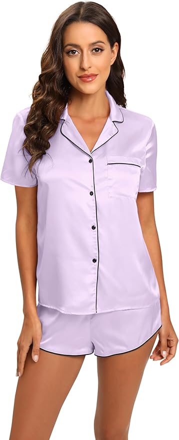 Silk Pajamas for Women Satin Womens PJ Set 2 Piece Short Lounge Set Summer Sleepwear Notch Collar Button-Down Pjs