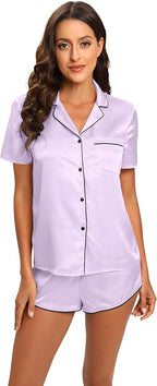 Silk Pajamas for Women Satin Womens PJ Set 2 Piece Short Lounge Set Summer Sleepwear Notch Collar Button-Down Pjs