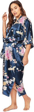 KIM+ONO Plus Size Luxury Kimono Robe for Women | Long Satin Floral Robe | Original Design | Removable Waist Tie Closure