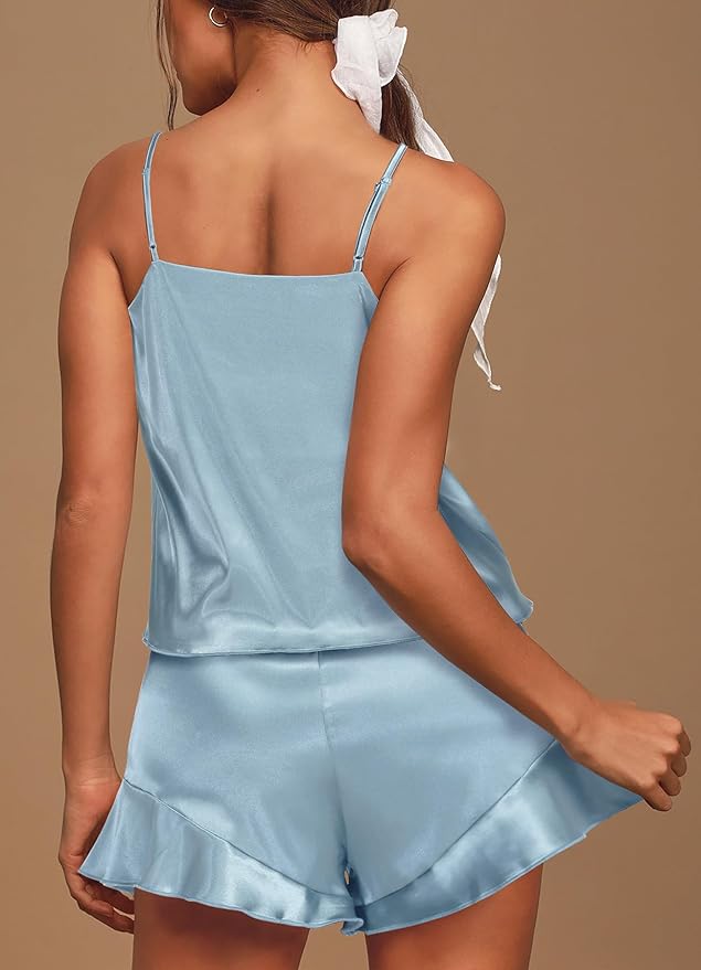 Aamikast Womens Silk Satin Pajama Sets Sexy Cami Ruffled Shorts Sets 2 Piece Pjs Sleepwear