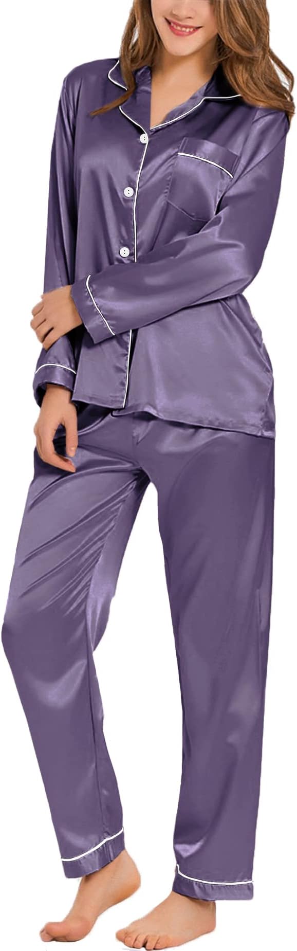SWOMOG Womens Silk Satin Pajamas Set Long Sleeve Button Down Sleepwear 2 Piece Lounge Set Pj Set XS-3XL