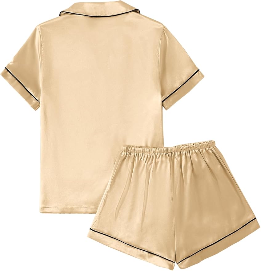 LYANER Women's Silky Satin Pajamas Set Short Sleeve Button Down Shirt With Shorts Pjs Set Sleepwear