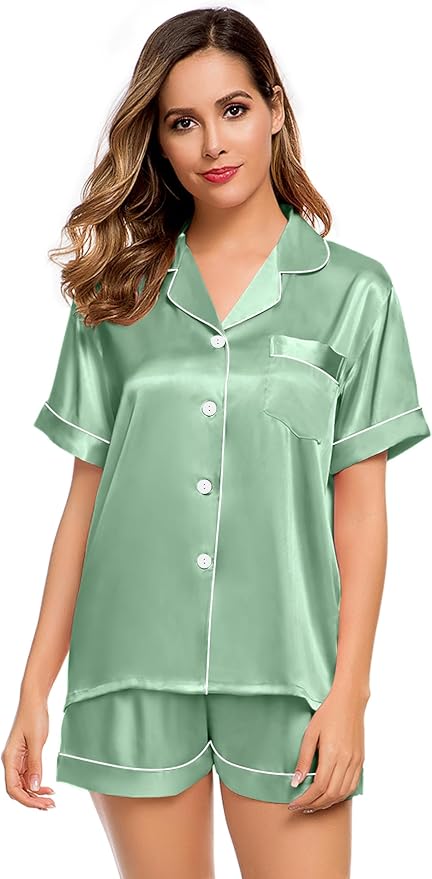 LecGee Womens Silk Satin Pajamas Short Sleeve Loungewear Two-Piece Sleepwear Button-Down Pj Set