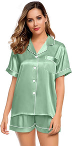LecGee Womens Silk Satin Pajamas Short Sleeve Loungewear Two-Piece Sleepwear Button-Down Pj Set