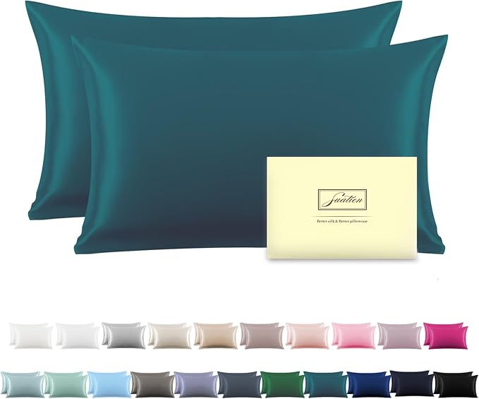Silk Pillow Cases 2 Pack,Soft Breathable and Sliky Queen Size Pillow Cases Set of 2,Natural Mulberry Silk Pillowcase Set of 2 for Hair and Skin with Hidden Zipper (Teal,20"X 30",2pcs)