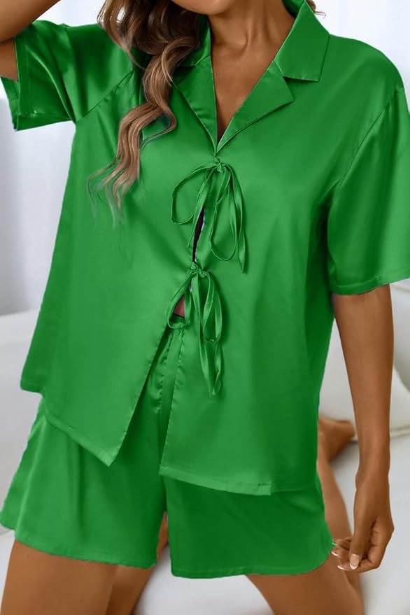 CHYRII Women's Silk Satin Pajamas Sets Tie Front Short Sleeve Tops and Shorts Two Piece Pj Sets Sleepwear