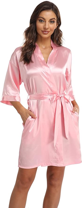 Women's Pure Short Kimono Robes Bride Bridesmaids Silky Bathrobe Lightweight Satin Sleepwear