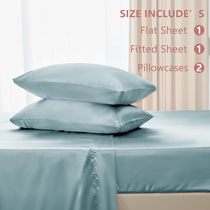 CozyLux Satin Sheets King Size Sheet Set - 4 Piece Silky King Sheets, Luxury Light Blue King Bed Set with Smooth and Soft Microfiber, Includes 1 Fitted Sheet, 1 Flat Sheet and 2 Pillowcases