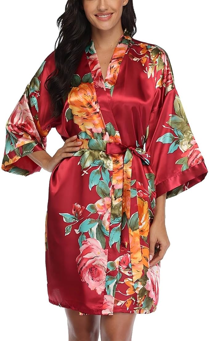 Floral Silk Robes for Women Kimono Satin Short Bath Robe Bridal Dressing Gown Bride Bridesmaids Lightweight Bathrobes