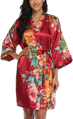 Floral Silk Robes for Women Kimono Satin Short Bath Robe Bridal Dressing Gown Bride Bridesmaids Lightweight Bathrobes
