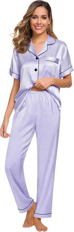 SWOMOG Women Satin Pajamas Set Short Sleeve Top & Pants Sleepwear Silky Button Down Nightwear 2pcs Loungewear Pjs Set