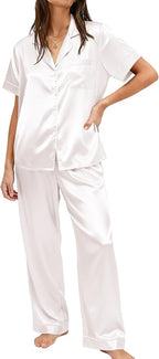 Ekouaer Womens Silky Satin Pajamas Set Short Sleeve Button Down Sleepwear 2 Piece Lounge Set Pj Set