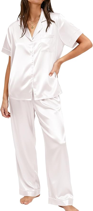 Ekouaer Womens Silky Satin Pajamas Set Short Sleeve Button Down Sleepwear 2 Piece Lounge Set Pj Set
