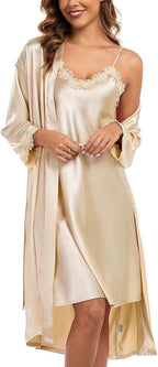 BestWendding Women's Silk Robe Set 2 Pieces Pajamas Sets Sexy Soft Satin Robe with V Neck Camisole Lingerie Nightgown