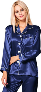 SWOMOG Womens Silk Satin Pajamas Set Long Sleeve Button Down Sleepwear 2 Piece Lounge Set Pj Set XS-3XL