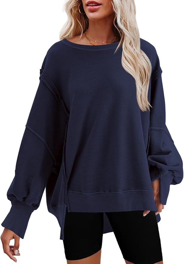 Nirovien Womens Oversized Crewneck Sweatshirt Side Slit Long Sleeve Pullover Slouchy Fit Tops