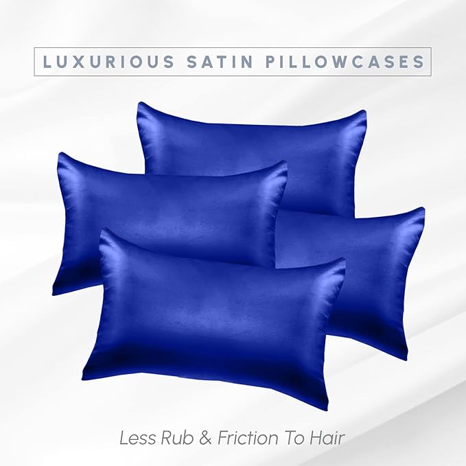 Elegant Comfort 4-Pack Standard/Queen Satin Pillowcase Set with Hidden Zipper Closure, Silky Smooth for Hair and Skin Care, Royal Blue
