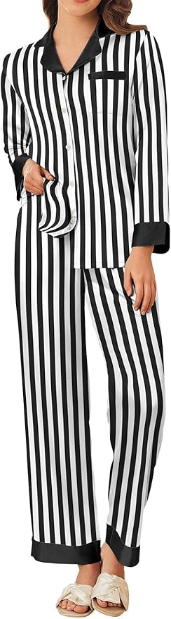Ekouaer Silk Pajamas for Women Long Sleeve Satin Pajama Set Silky Pj Sets 2 Piece Button Down Loungewear Sleepwear