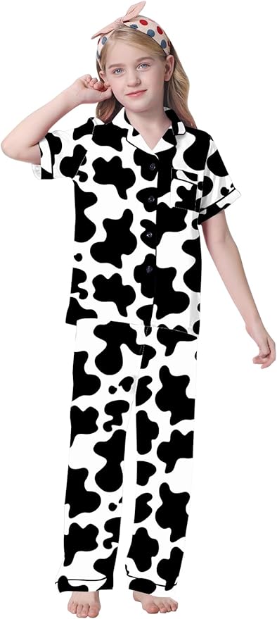 Umeyda Girls Womens Pajamas Set, Satin Silky Button Down Loungewear 2 Piece Short Sleeve Pants PJS Sets for Mommy Kids