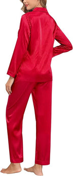 SWOMOG Womens Silk Satin Pajamas Set Long Sleeve Button Down Sleepwear 2 Piece Lounge Set Pj Set XS-3XL