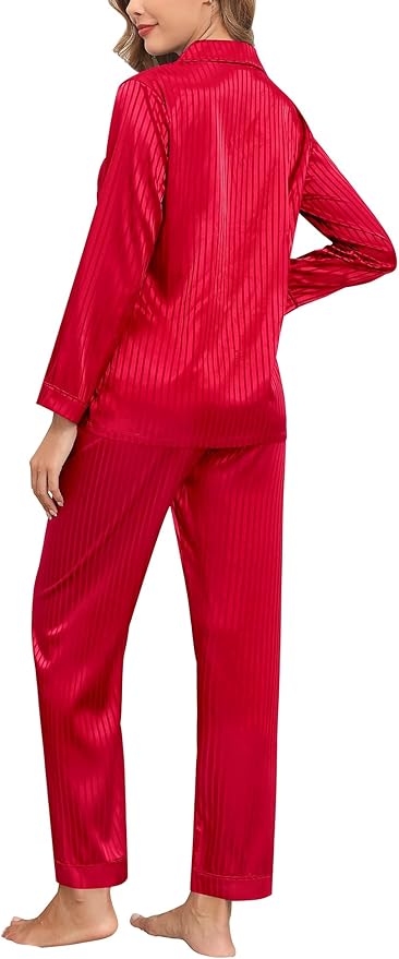 SWOMOG Womens Silk Satin Pajamas Set Long Sleeve Button Down Sleepwear 2 Piece Lounge Set Pj Set XS-3XL