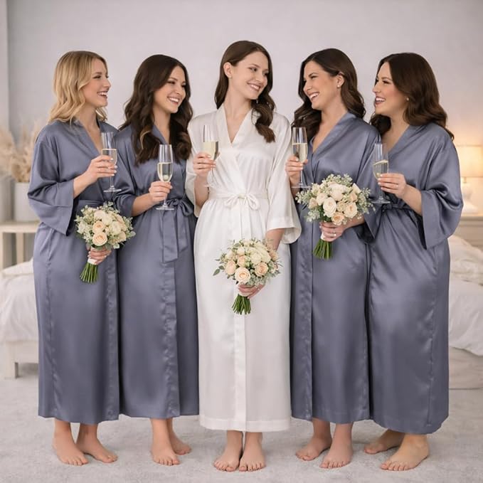 Silk Robes for Women Ankle Length Satin Kimono Robes with Belt Bridemaids Sleepwear Bachelorette Nightgown