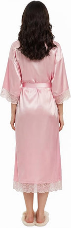 Long Satin Robes for Women Ankle Length Kimono Robes Silky Bridal Party Robes with Lace Trim Bridesmaid Loungewear Sleepwear