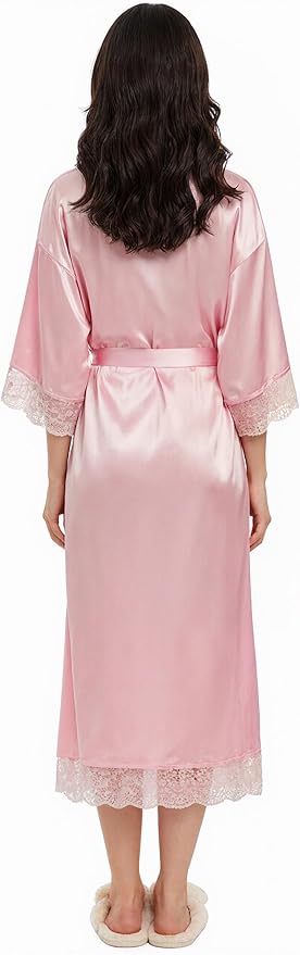 Long Satin Robes for Women Ankle Length Kimono Robes Silky Bridal Party Robes with Lace Trim Bridesmaid Loungewear Sleepwear