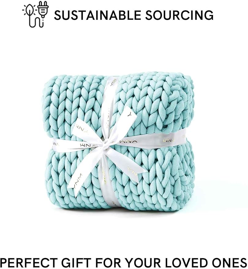 YnM Chunky Throw Blanket, Medium-Weight, Hand Knitted, Skin Friendly, Ventilated and Breathable, Machine Washable, Home Décor Piece for Couch, Sofa and Bed (Aqua Blue, 40x50 Inch)